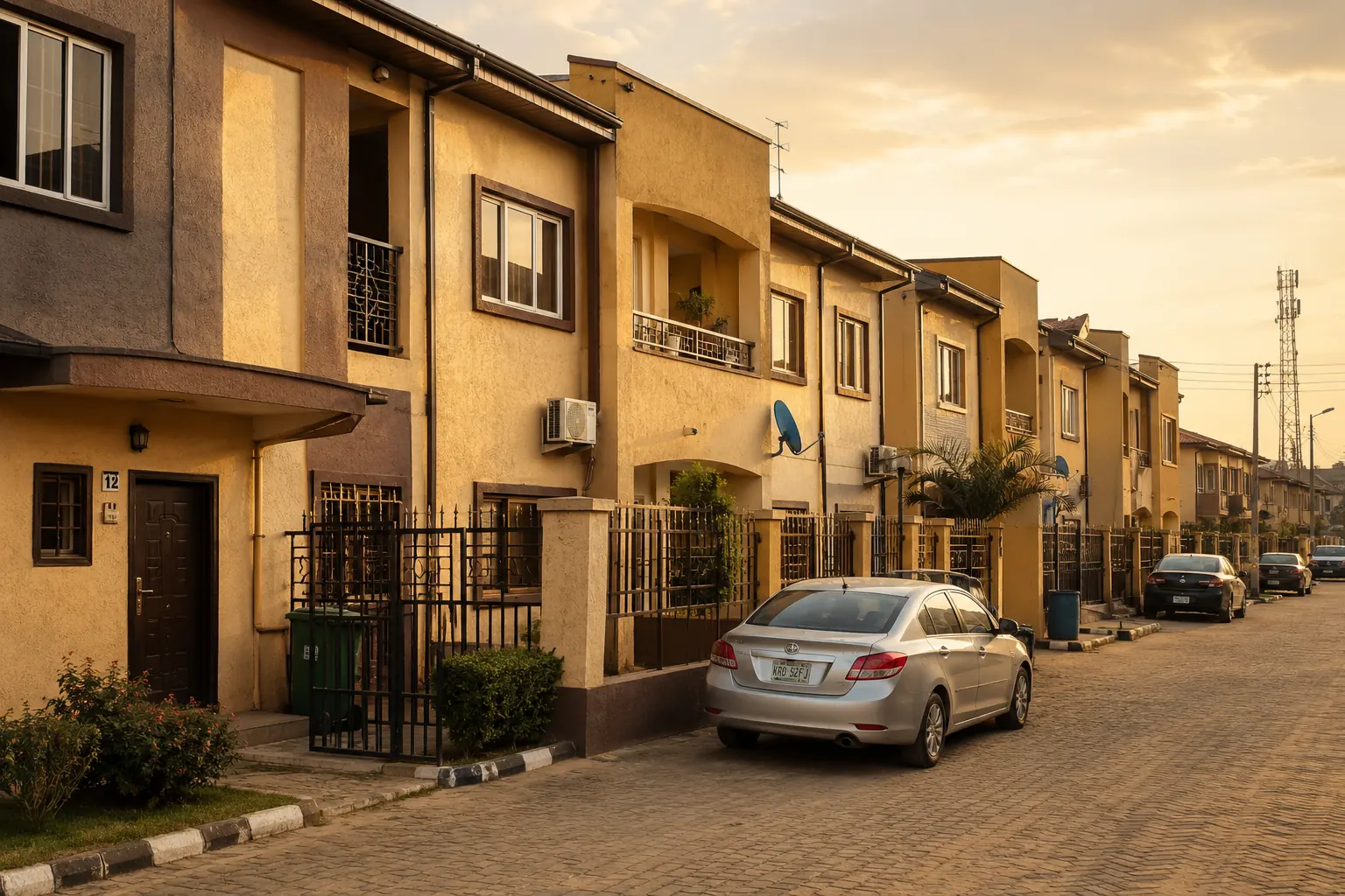 A terrace of two-storey homes lining a paved street in a Nigerian residential estate at sunset.